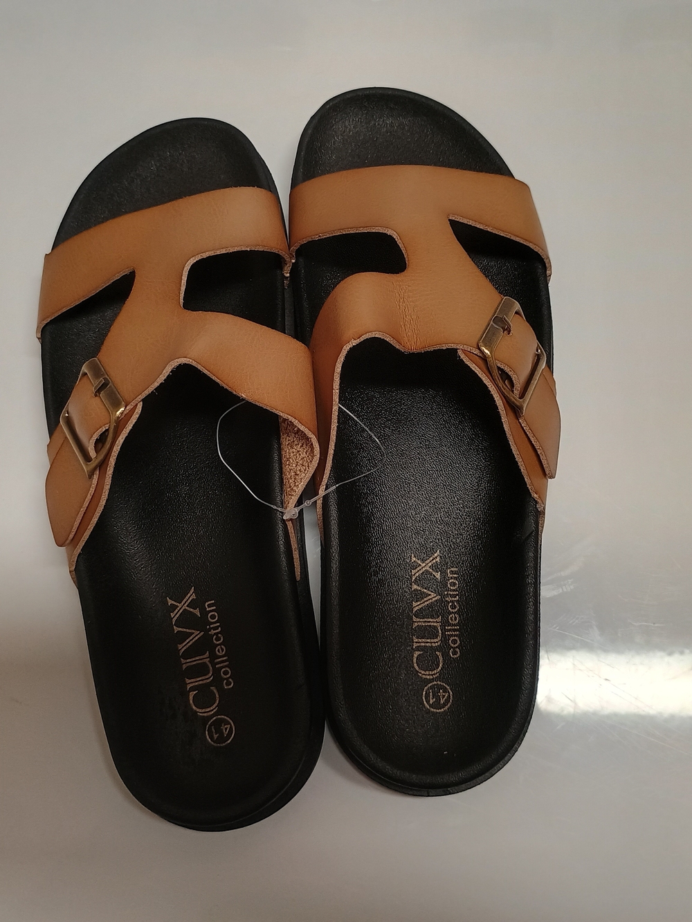 NY Collection Men's Tan and Black Slide Sandals with Buckle Detail